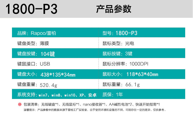 Rapoo雷柏1800P3无线键鼠套装 (6)